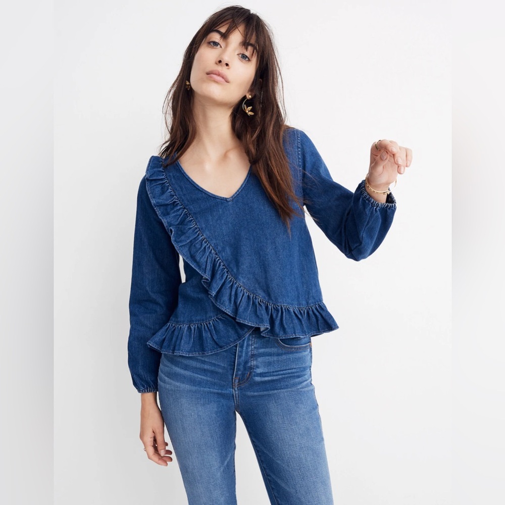 NWT Madewell Women's XS Blue Ruffle Denim Top Long sleeve Cotton